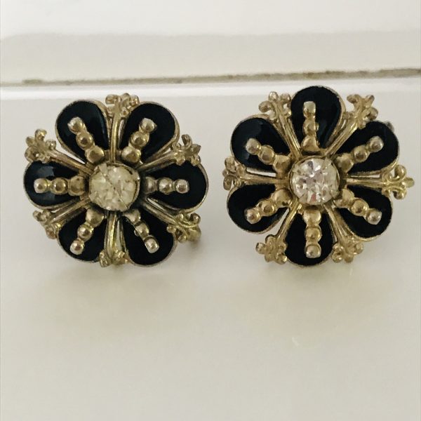 Vintage Earrings gold tone with screw back silver with black enamel flowers elegant earrings wedding special event