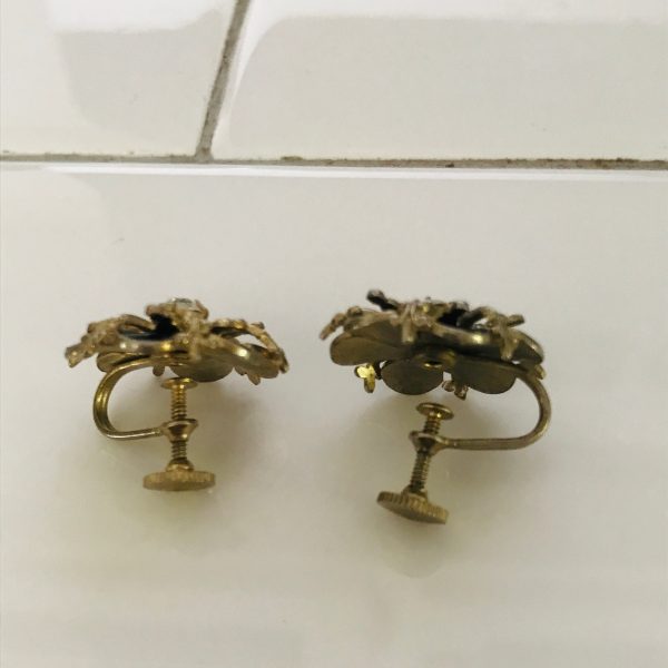 Vintage Earrings gold tone with screw back silver with black enamel flowers elegant earrings wedding special event