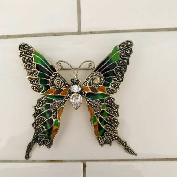 Vintage Fantastic Butterfly Brooch Black orange and green enamel crystals & marcasite large Sterling silver pin