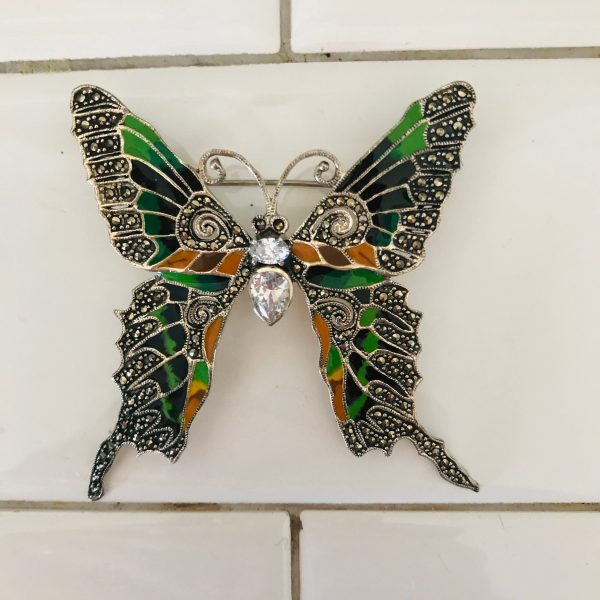 Vintage Fantastic Butterfly Brooch Black orange and green enamel crystals & marcasite large Sterling silver pin