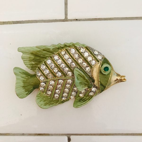 Vintage Fish Brooch pin Rhinestones on Green enamel emerald green eye tropical nautical jewelry