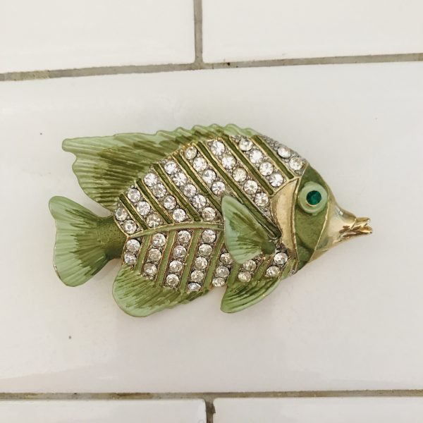 Vintage Fish Brooch pin Rhinestones on Green enamel emerald green eye tropical nautical jewelry