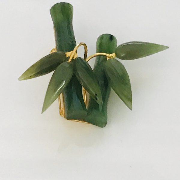 Vintage Jade Brooch Gold tone with Jade Bamboo pin collectible display sweater pin