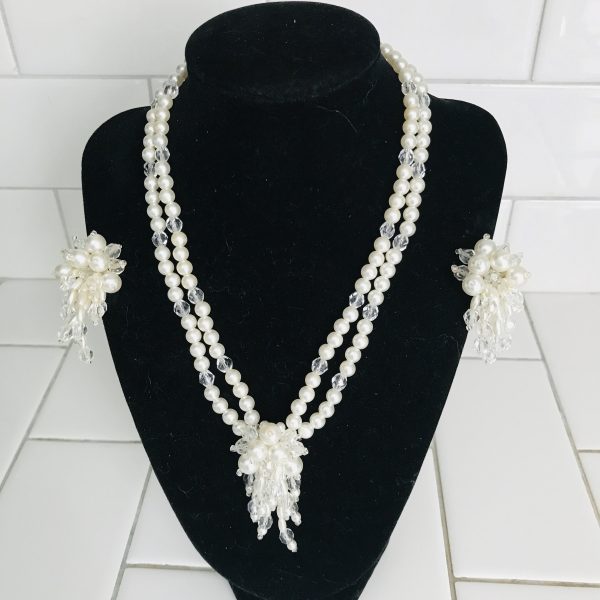 Vintage Jewelry Set Faux Pearls & beads Necklace with matching clip earrings silver tone metal with seed pearls