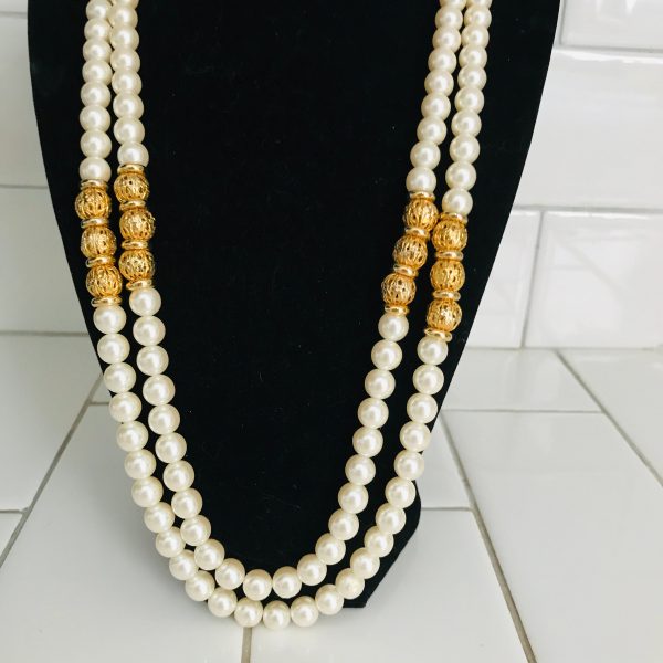Vintage Jewelry Set Faux Pearls with gold tone Necklace with matching 4 strand bracelet gold tone metal