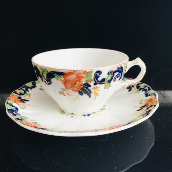 Vintage John Maddox & Sons Tea cup and saucer England Fine bone china Imari Style orange blue gold farmhouse collectible display serving