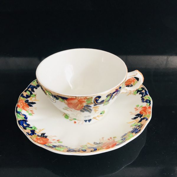 Vintage John Maddox & Sons Tea cup and saucer England Fine bone china Imari Style orange blue gold farmhouse collectible display serving