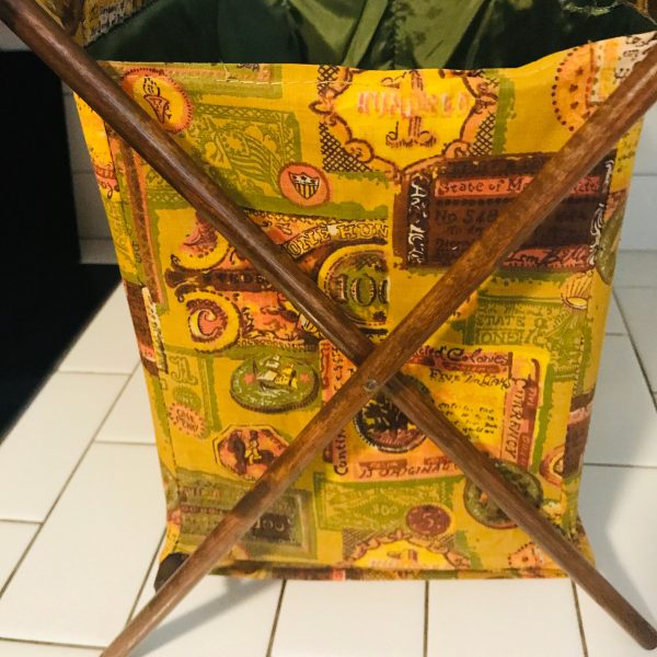 Vintage Knitting Basket Fabric 1950's wooden stand with bakelite handle for closing farmhouse crafting collectible Lined