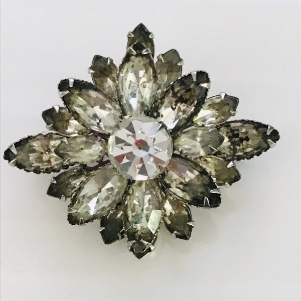 Vintage Large Rhinestone Brooch Pin set in Silver tone metal 1940's black to clear Marquis and round