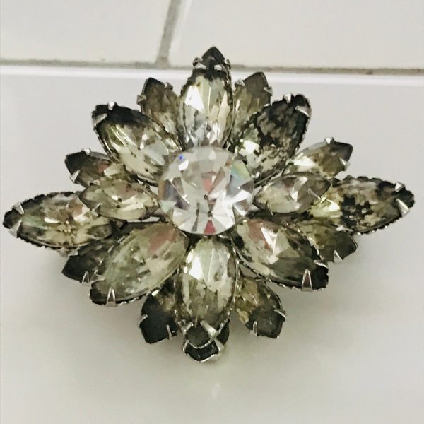 Vintage Large Rhinestone Brooch Pin set in Silver tone metal 1940's black to clear Marquis and round