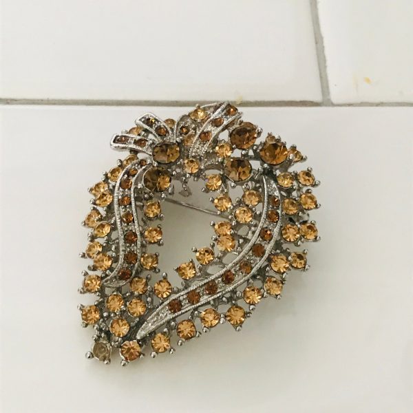 Vintage Large Rhinestone Brooch Pin set in Silver tone Peach and topaz colored stones