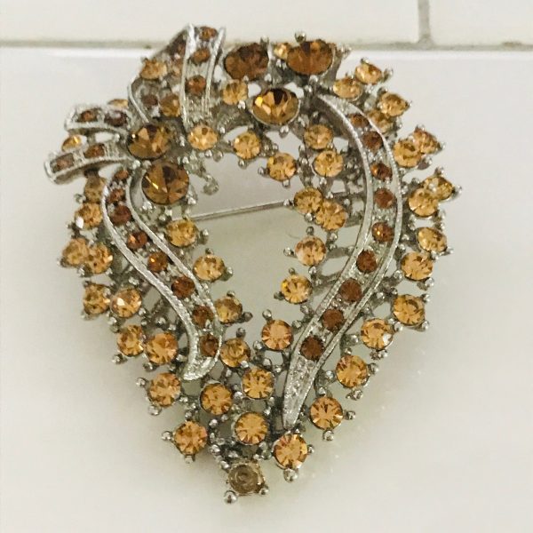 Vintage Large Rhinestone Brooch Pin set in Silver tone Peach and topaz colored stones