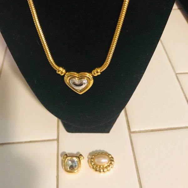 Vintage Necklace Joan Rivers with 3 interchangeable pendants gold snake chain pearl crystal heart
