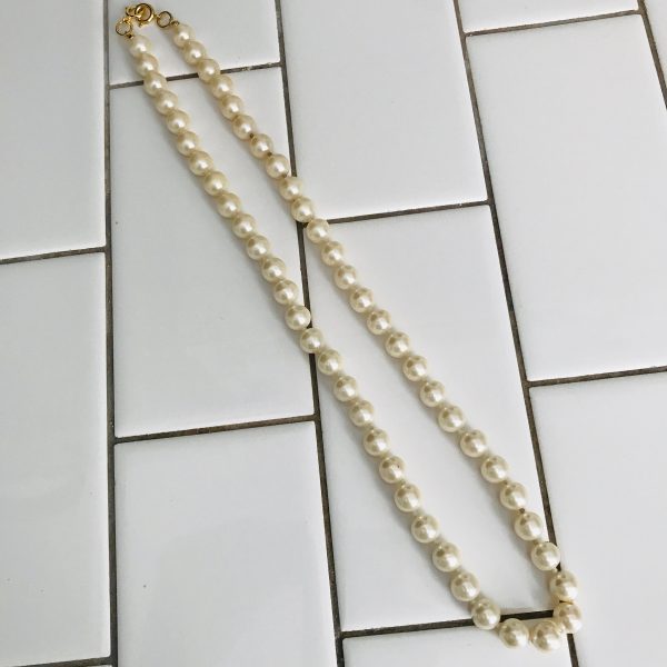 Vintage Nolan Miller Faux Pearl Necklace beautiful luster with crystal button clasp gold tone metal