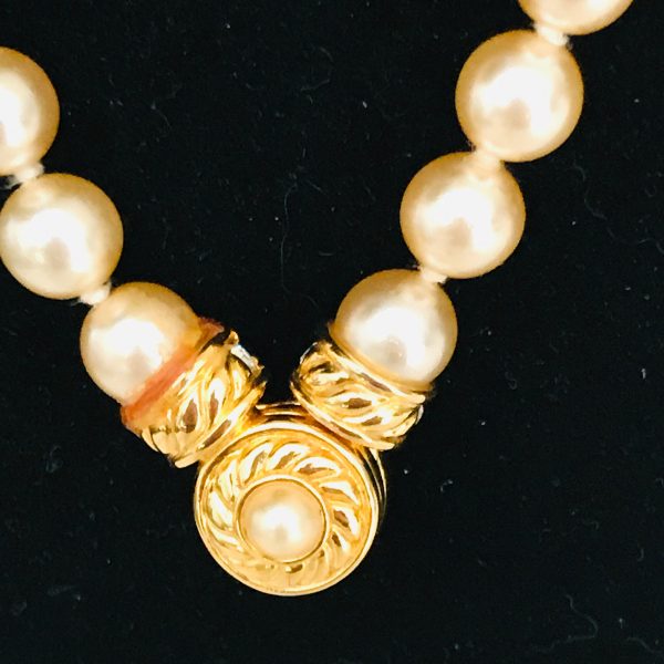 Vintage Nolan Miller Faux Pearl Necklace beautiful luster with crystal button clasp gold tone metal