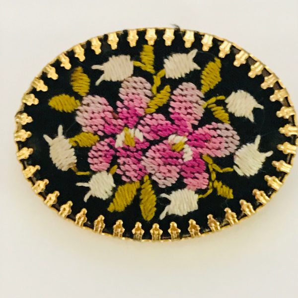 Vintage Petite Point Brooch Pin hand made decorative pink black green floral pattern