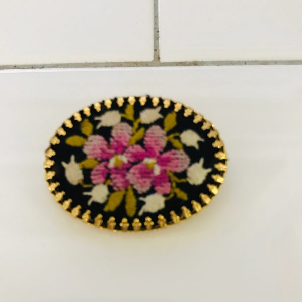 Vintage Petite Point Brooch Pin hand made decorative pink black green floral pattern