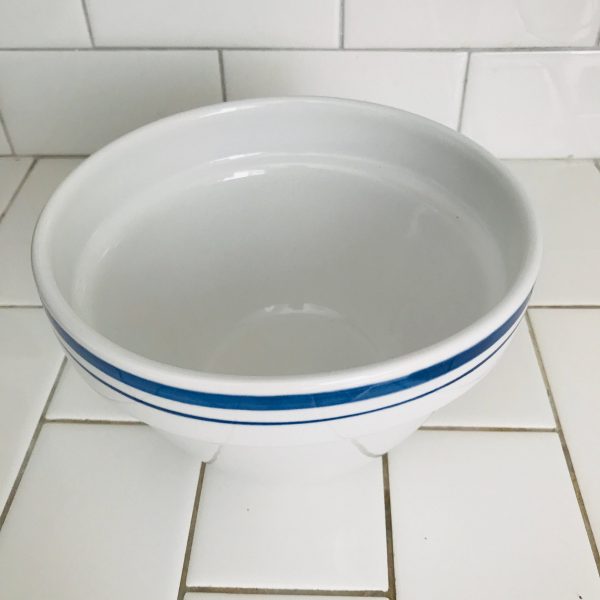Vintage Pottery Mixing bowl wtih blue double rim cottage collectible home decor primitive display bowl