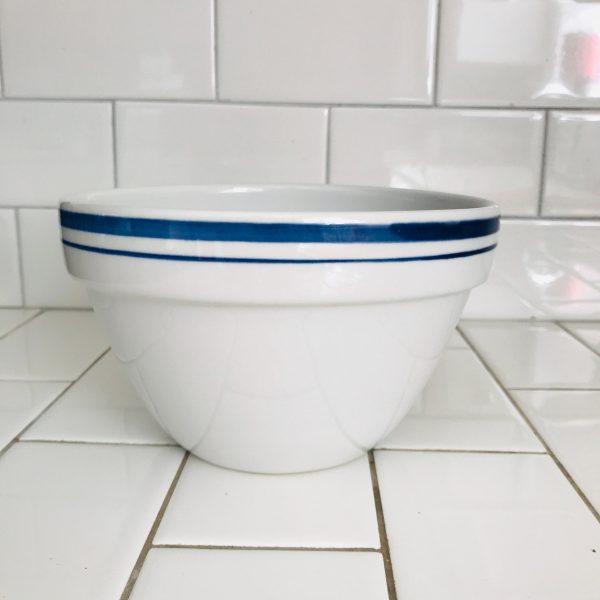 Vintage Pottery Mixing bowl wtih blue double rim cottage collectible home decor primitive display bowl