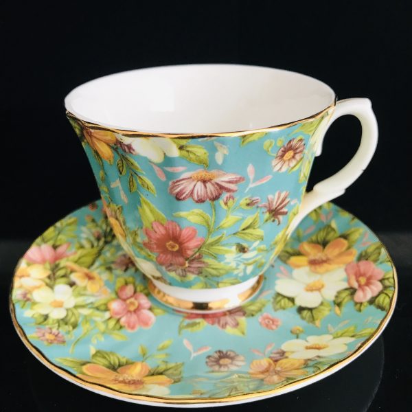 Vintage Staffordshire Tea cup and saucer Chintz Aqua Floral England Fine bone china gold trim farmhouse collectible display coffee