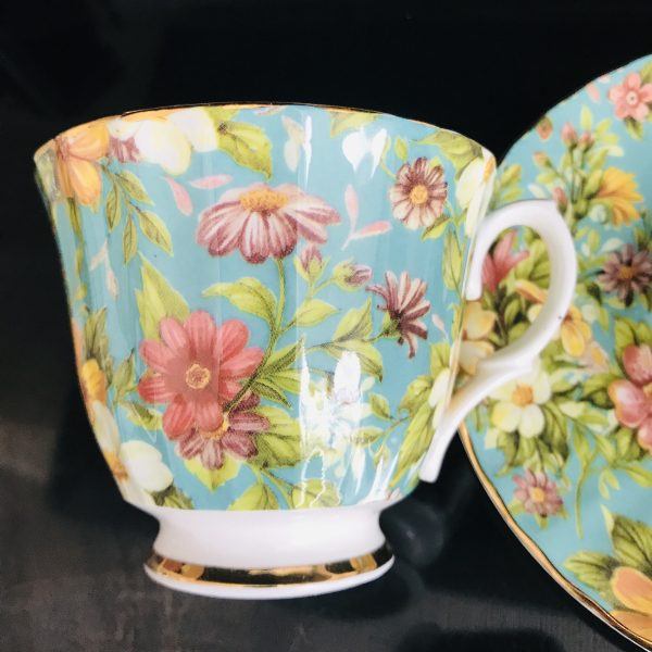 Vintage Staffordshire Tea cup and saucer Chintz Aqua Floral England Fine bone china gold trim farmhouse collectible display coffee