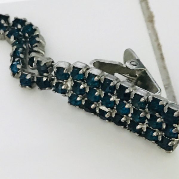 Vintage Sweater Pin 1950's Silver tone with sapphire color rhinestones rectangular clip ends plated back