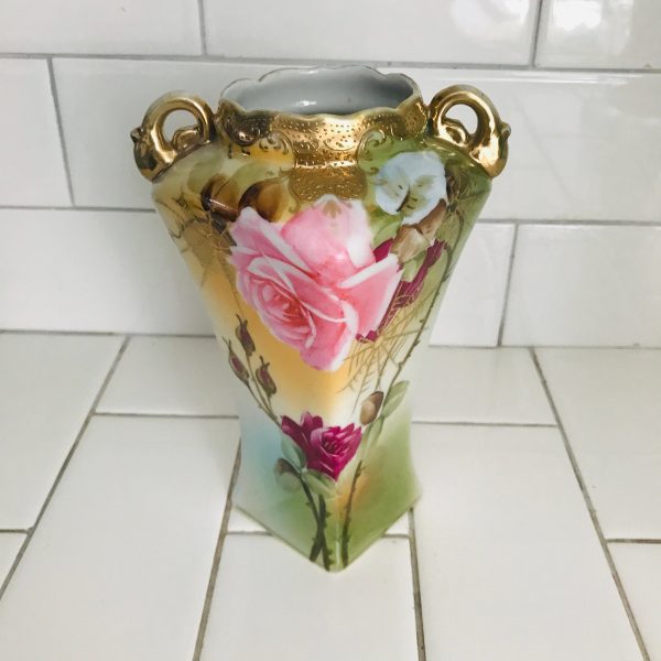 Amphora Vase Beautiful Antique Hand Painted Rose and Spider webs unique shaped collectible display pink green heavy gold