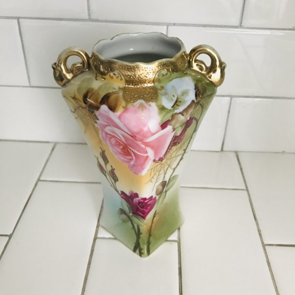 Amphora Vase Beautiful Antique Hand Painted Rose and Spider webs unique shaped collectible display pink green heavy gold