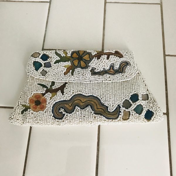 Antique dance purse hand beaded 1920's back hand handle Ornate crewel snap closure tv theater movie prop collectible handheld mini purse