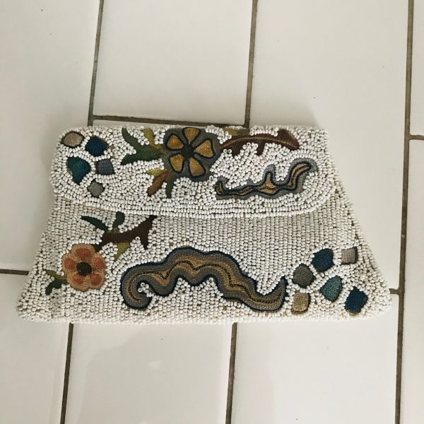 Antique dance purse hand beaded 1920's back hand handle Ornate crewel snap closure tv theater movie prop collectible handheld mini purse