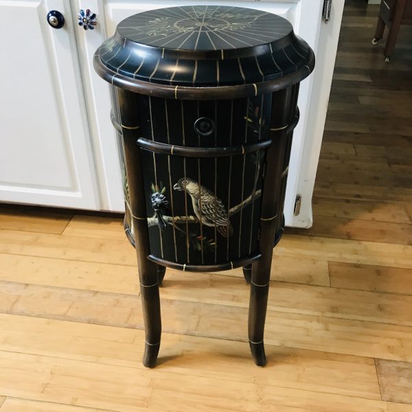 Darling accent table bird cage painted with drawer & door black with gold cage lines and colorful variety of birds ornate floral top
