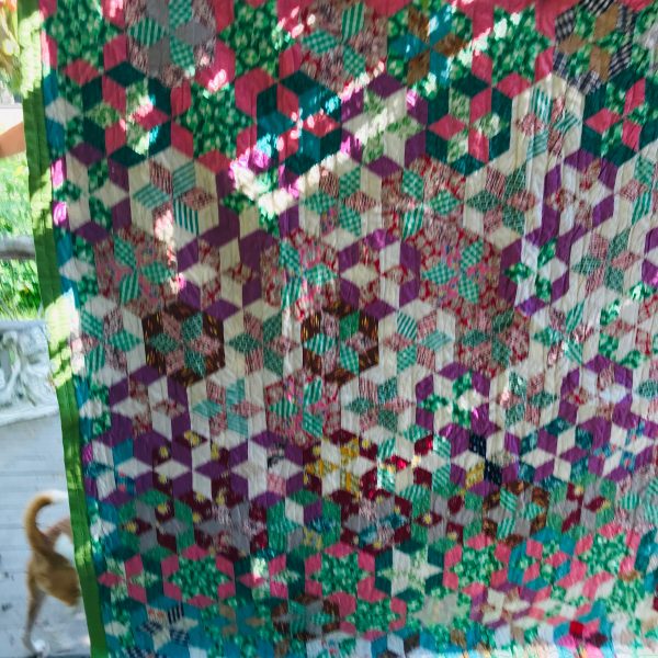 Fantastic hand made quilt 80" x 88" Very nice condition medium weight great vivid coloring farmhouse display collectible bedding vintage