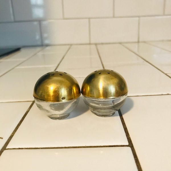 Mid Century Modern Brass and Glass Salt & Pepper Shakers decor collectible display tableware dinning kitchen farmhouse cottage