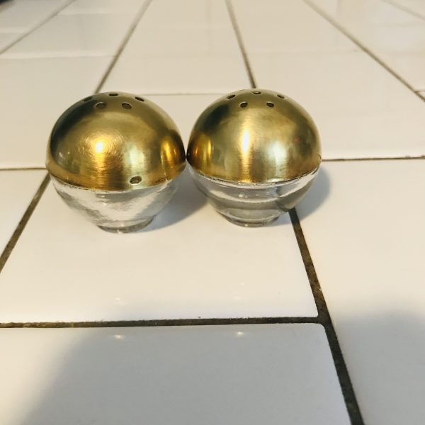 Mid Century Modern Brass and Glass Salt & Pepper Shakers decor collectible display tableware dinning kitchen farmhouse cottage