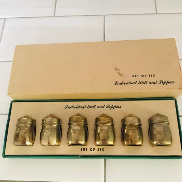 Miniature individual salt and pepper shakers silverplate set of 6 collectible display farmhouse cottage elegant tableware
