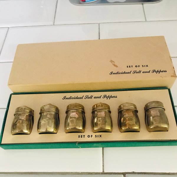 Miniature individual salt and pepper shakers silverplate set of 6 collectible display farmhouse cottage elegant tableware