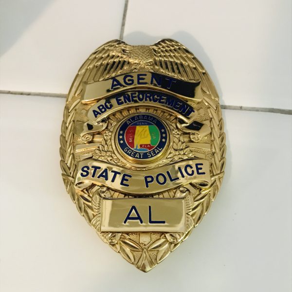 Obsolete Badge Agent Alcohol Beverage Control Enforcement Alabama State Police Gold full size Blackinton & Hi-Glo 99 with AL official seal