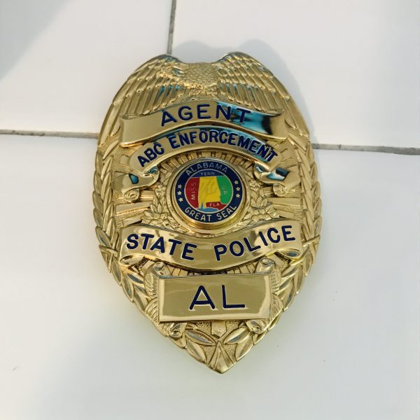 Obsolete Badge Agent Alcohol Beverage Control Enforcement Alabama State Police Gold full size Blackinton & Hi-Glo 99 with AL official seal