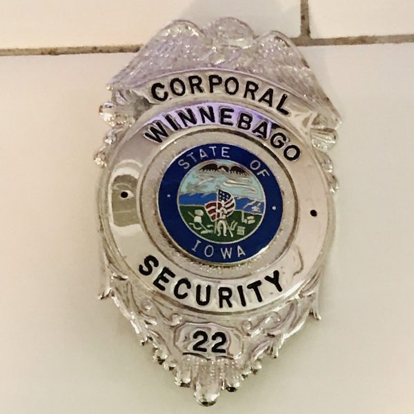 Obsolete Badge Corporal Winnebago County Security #22 State of Iowa Enameled center silver blue collectible display memorabilia Blackinton