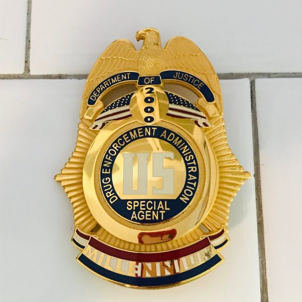 Obsolete Badge DEA Millennium 2000 Gold with red white and blue enamel collectible display memorabilia signed