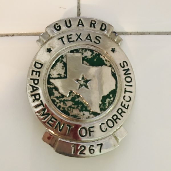 Obsolete Badge Department of Corrections Guard TEXAS # 1267 full size collectible memorabilia metal signed George F. Cake Berkley CA silver