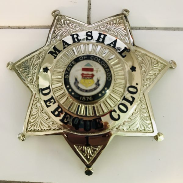 Obsolete Badge Marshal Debeque Colo Badge #1 enameled center 7 point star signed on reverse collectible display memorabilia