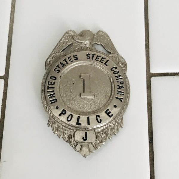 Obsolete Badge United States Steel Company Police #1 and J Eagle top silver tone metal 1940's