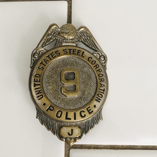 Obsolete Badge United States Steel Corporation Police #9 and J Eagle top silver tone metal 1940's feathers on bottom