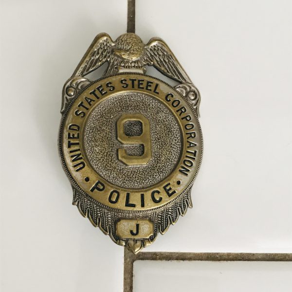 Obsolete Badge United States Steel Corporation Police #9 and J Eagle top silver tone metal 1940's feathers on bottom