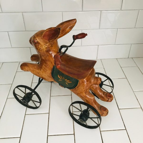 Rabbit on Wheels display toy doll pretend play metal wheels wooden rabbit bunny with saddle unique home decor farmhouse