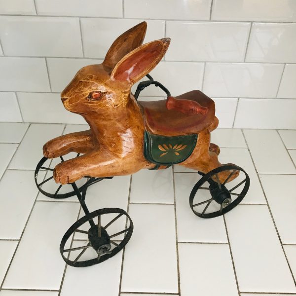 Rabbit on Wheels display toy doll pretend play metal wheels wooden rabbit bunny with saddle unique home decor farmhouse