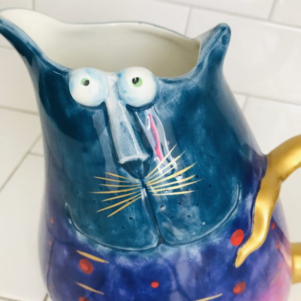 Vintage Cat Pitcher Wow! Colorful Porcelain with golden tail Studio Design crazy cat lady collectible