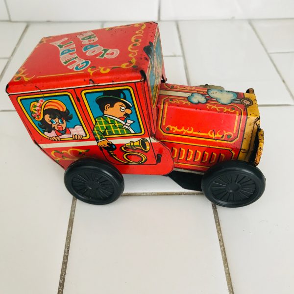 Vintage Clippity Clop Car wind up toy with key Mid Century Japan nice coloring working tin litho