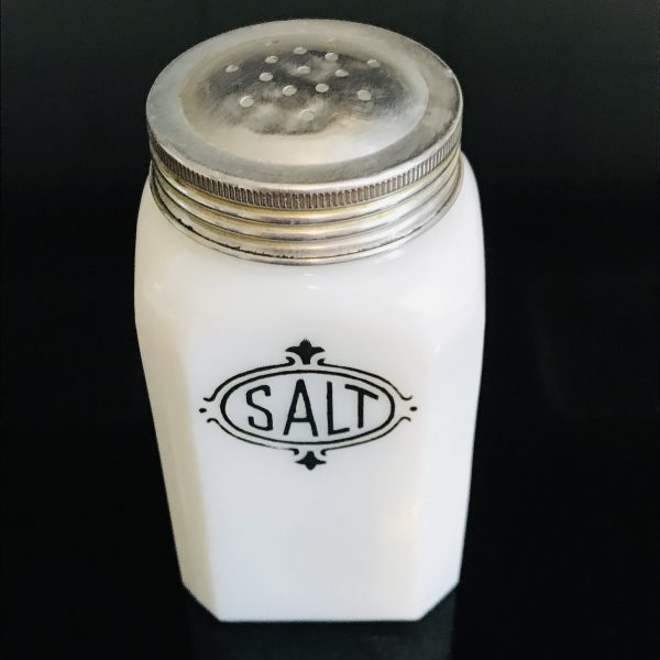 Vintage Large Salt Shaker white milk glass with black print farmhouse decor kitchen display